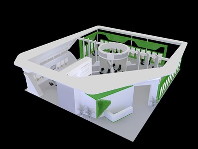 360平米展台设计制作：四面开口/现代/木质结构/绿色，为房产展展商而作（免费使用）