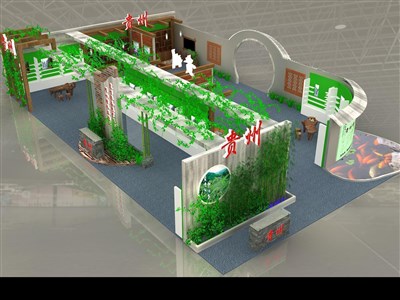 360平米展台设计制作：三面开口/田园/木质结构/绿色，为茶博会展商而作（免费使用）