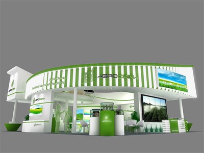 180平米展台设计制作：四面开口/现代/双层结构/绿色，为医药展展商而作（免费使用）