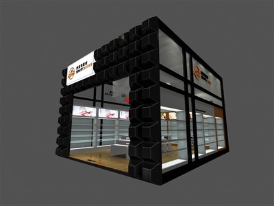 42平米展台设计制作：一面开口/现代/木质结构/黑色，为鞋箱包展展商而作（免费使用）