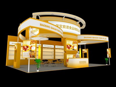 128平米展台设计制作：三面开口/现代/木质结构/黄色，为食品展展商而作（免费使用）