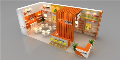 72平米展台设计制作：二面开口/现代/木质结构/橙色，为食品展展商而作（免费使用）