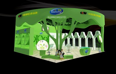 64平米展台设计制作：二面开口/卡通/木质结构/绿色，为婴幼展展商而作（免费使用）