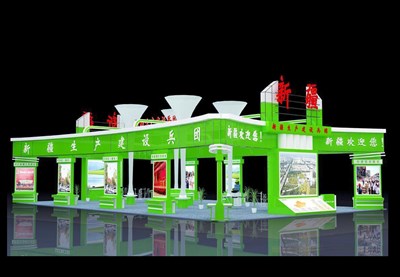 240平米展台设计制作：一面开口/现代/木质结构/绿色，为农交会展商而作（免费使用）