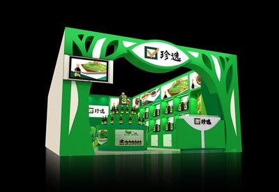 28平米展台设计制作：一面开口/现代/木质结构/绿色，为食品展展商而作（免费使用）