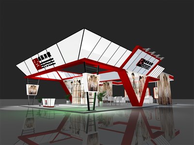 144平米展台设计制作：四面开口/现代/型材结构/红色，为机械展展商而作（免费使用）