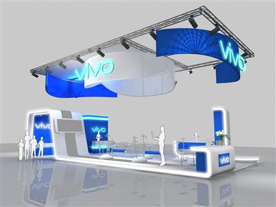 98平米展台设计制作：三面开口/前卫/木质结构/蓝色，为电子展展商而作（免费使用）