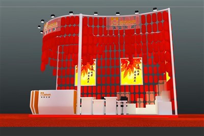 18平米展台设计制作：三面开口/中式/木质结构/红色，为电子展展商而作（免费使用）