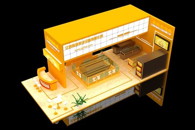 72平米展台设计制作：三面开口/现代/木质结构/黄色，为综合展展商而作（免费使用）