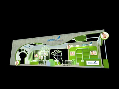 90平米展台设计制作：三面开口/现代/木质结构/绿色，为婴幼展展商而作（免费使用）