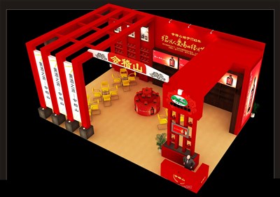 96平米展台设计制作：三面开口/中式/木质结构/红色，为糖酒展展商而作（免费使用）