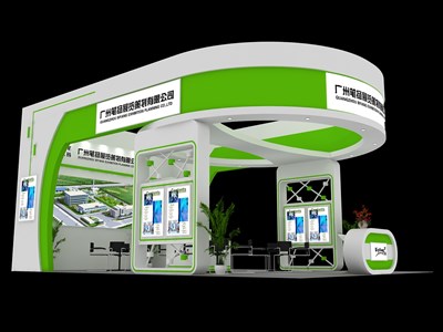 54平米展台设计制作：三面开口/现代/型材结构/绿色，为电子展展商而作（免费使用）