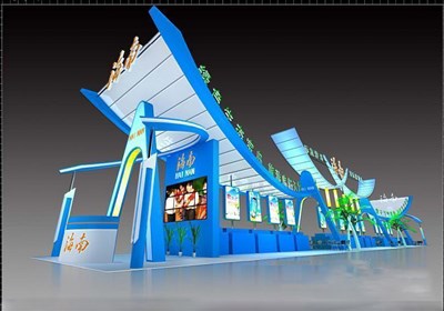 270平米展台设计制作：四面开口/前卫/型材结构/蓝色，为旅游展展商而作（免费使用）
