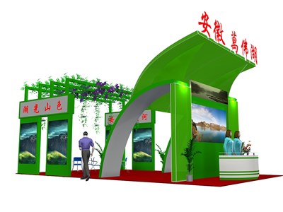 120平米展台设计制作：三面开口/前卫/木质结构/绿色，为旅游展展商而作（免费使用）