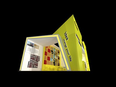 54平米展台设计制作：三面开口/现代/木质结构/黄色，为建材展展商而作（免费使用）