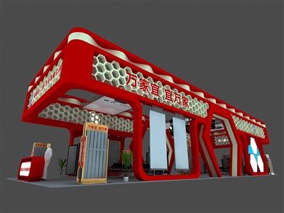 200平米展台设计制作：四面开口/现代/木质结构/红色，为建材展展商而作（免费使用）