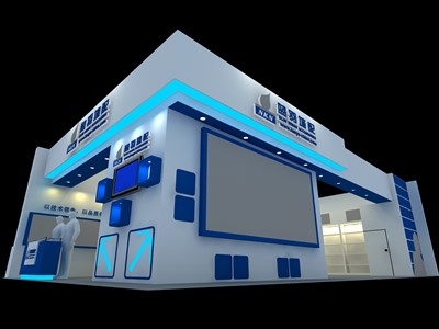 135平米展台设计制作：二面开口/现代/木质结构/蓝色，为建材展展商而作（免费使用）