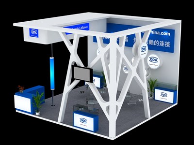 36平米展台设计制作：三面开口/现代/木质结构/蓝色，为电子展展商而作（免费使用）